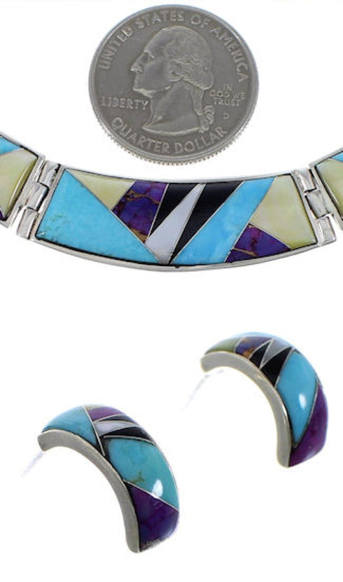 Multicolor Turquoise Inlay Sterling Silver Link Necklace Set NS41238